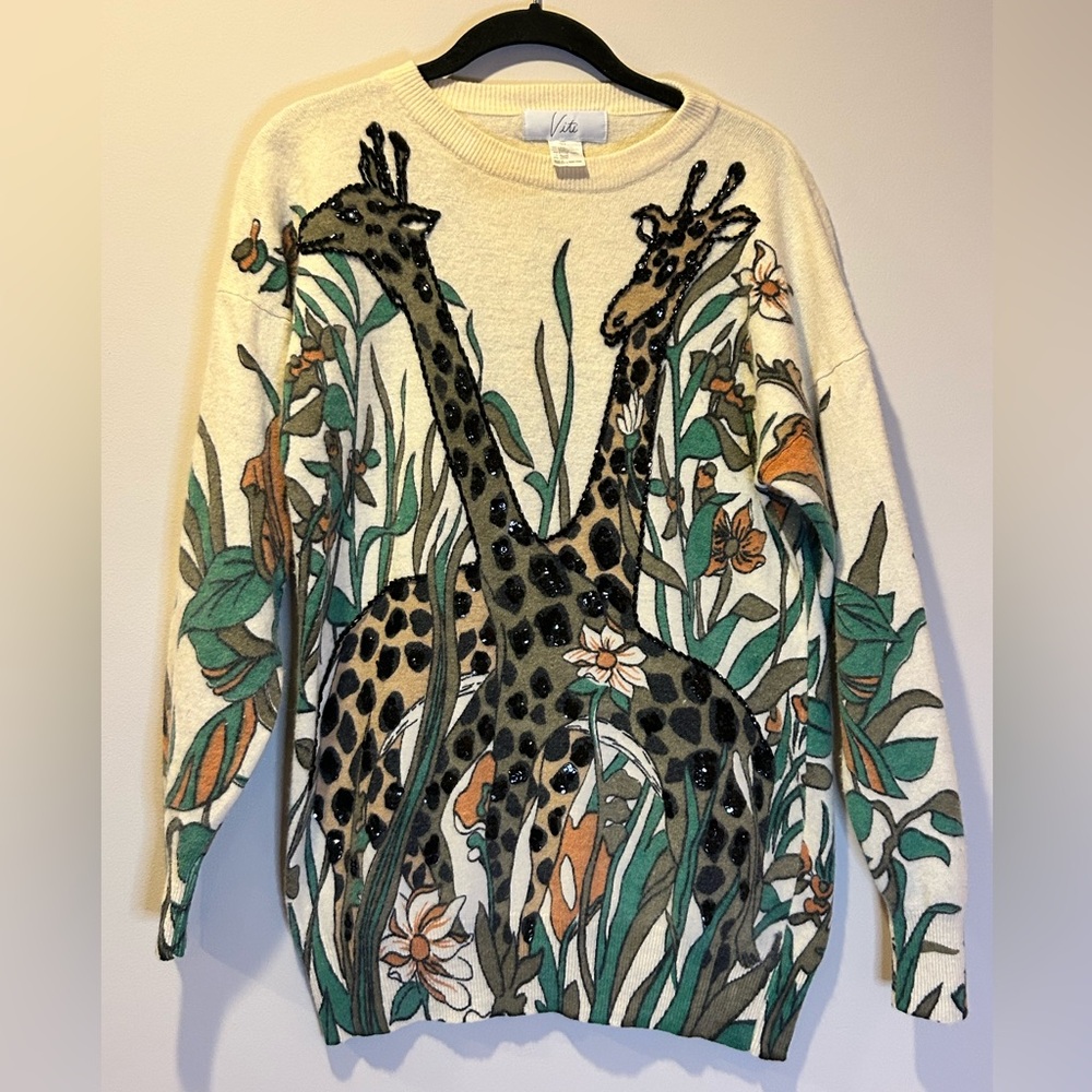 Giraffe Sequins Women’s Viti Wool Angora Sweater Large Jungle Print Pullover Top
